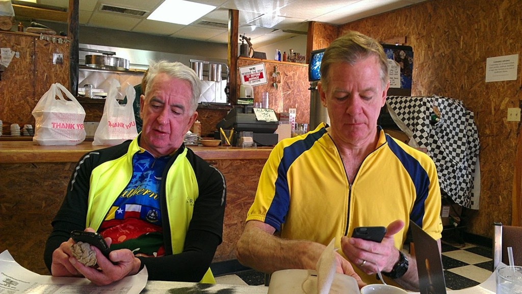 Tim and Mark compare notes on Google's distance projections. All our phones said slightly different things.