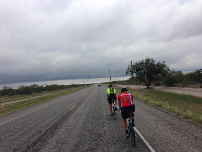 Rt. 90 west bound between Bracketville and Del Rio. A few minutes of drizzle and then it cleared up somewhat. The chip seal surface was especially rough until we crossed back into Val Verde County.