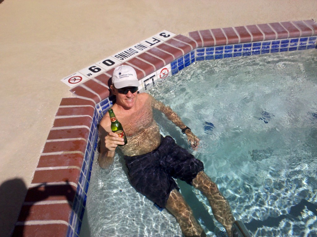 Mark enjoying a brewski at the Hampton Inn hot tub, Del Rio, TX.  Map 3 of the Adventure Cycling Association Southern Tier Route is now complete!  We're going to let Tim decide, based on how he feels on Friday morning, whether we ride tomorrow or not.