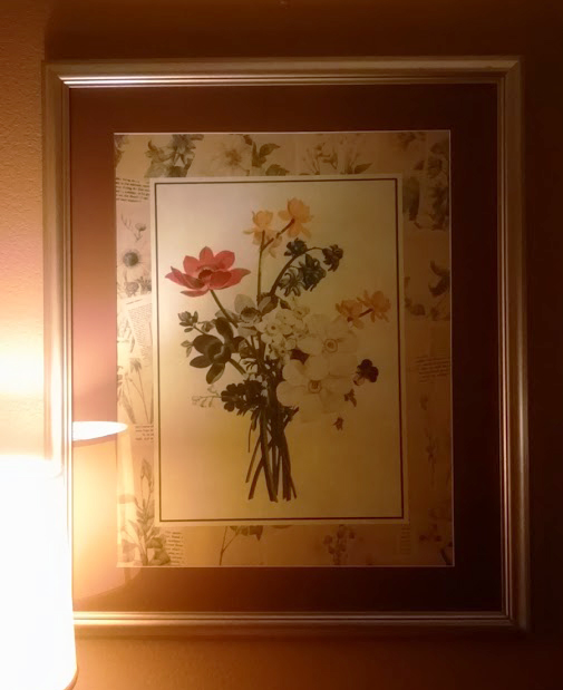 Bouquet on scrap paper background Mixed Media, ~14"x18" Best Western, Navasota, TX