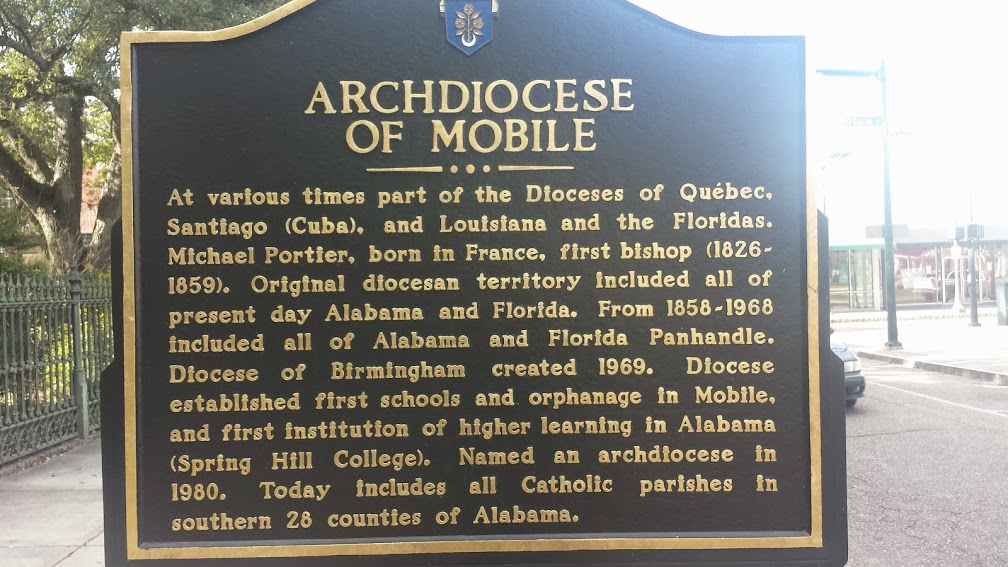 Historical Marker in Cathedral Square, telling the history of the Archdiocese of Mobile, AL